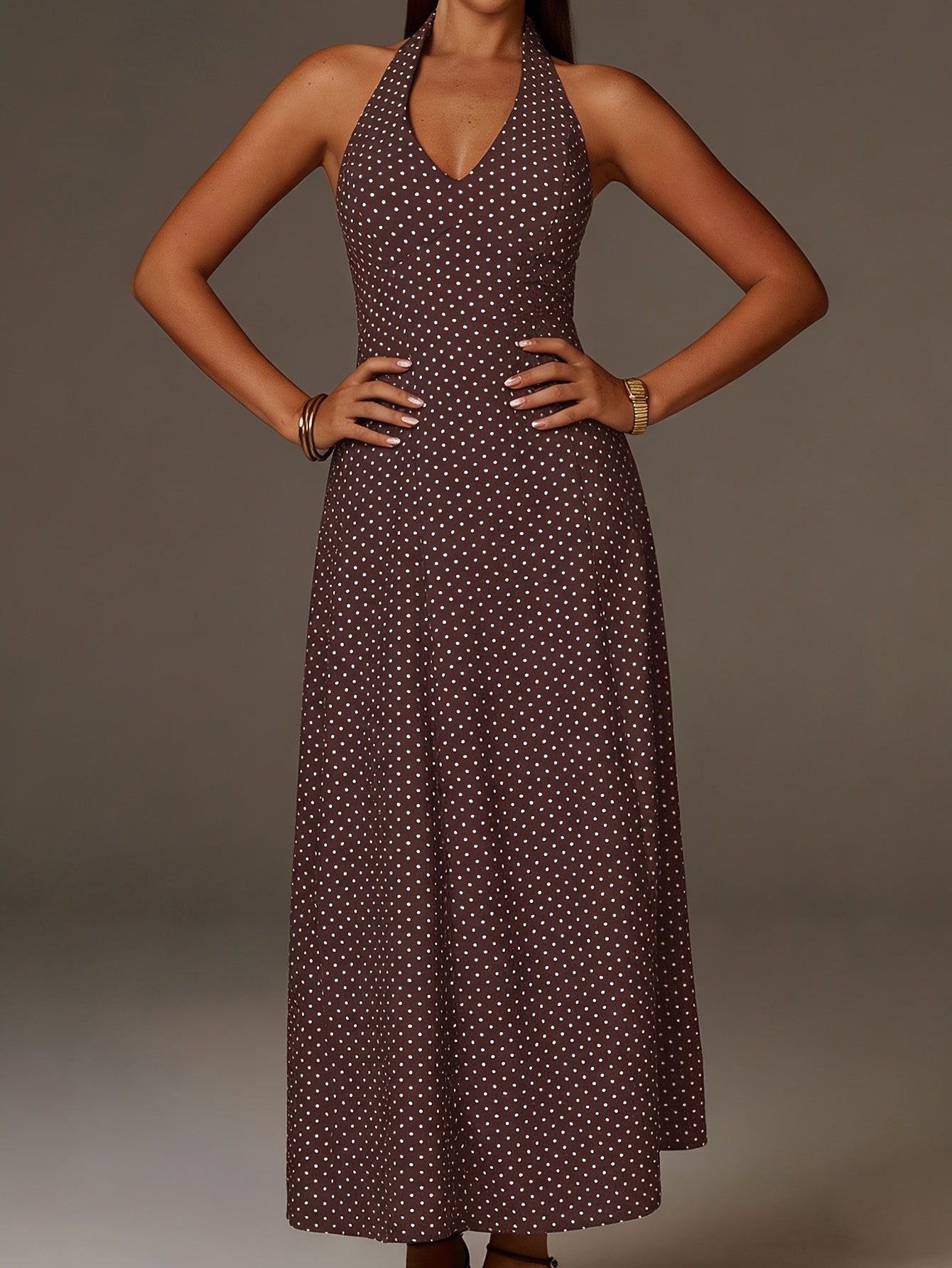 Vestido Maxi de Lunares con Cuello Halter y Escote en V Profundo para Mujer