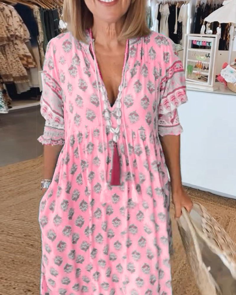 Vestido mujer estampado | cuello en V | mangas medias | uso diario