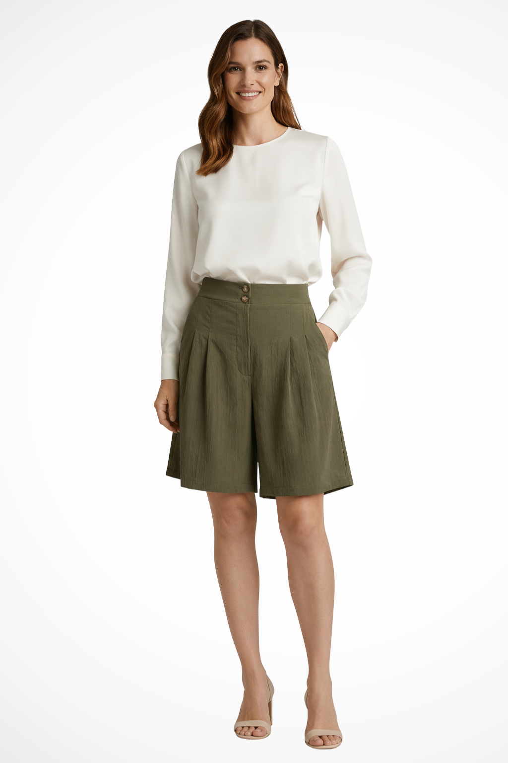 Pantalones Cortos Bermuda de Talle Alto con Pinzas y Corte Sartorial para Mujer