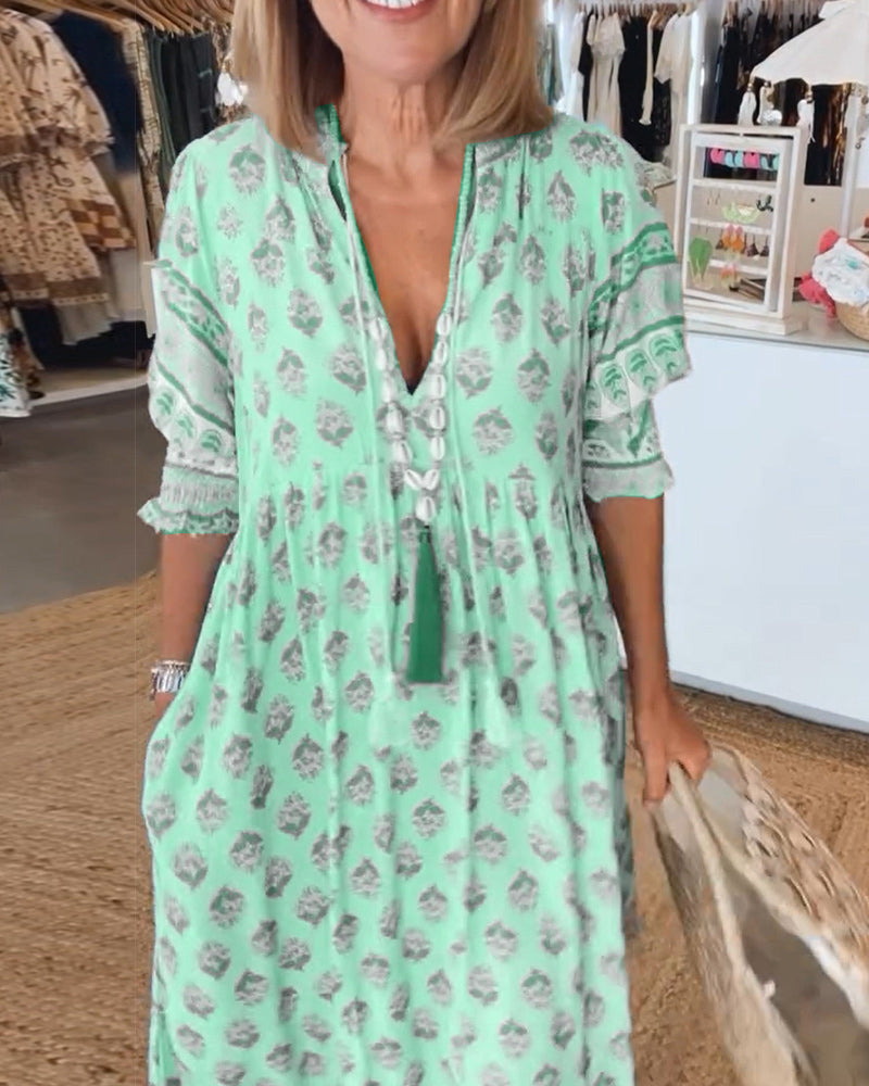 Vestido mujer estampado | cuello en V | mangas medias | uso diario