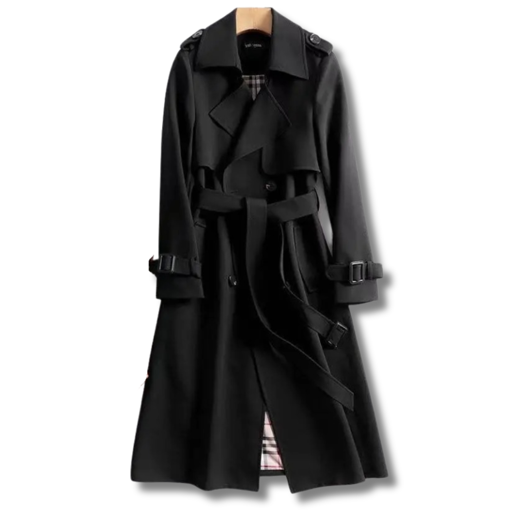 Long trench coat with belt and double-breasted design for women