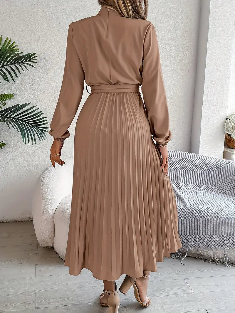 Vestido Largo Plisado de Manga Larga con Cuello Alto y Cinturón para Mujer
