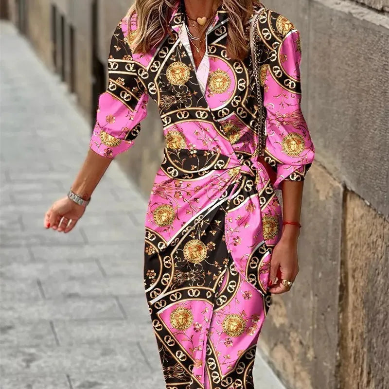 Vestido Midi Cruzado para Mujer con Estampado Geométrico y Mangas Tres Cuartos