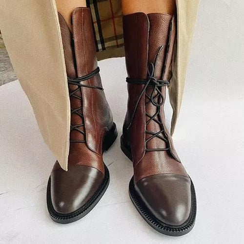 Botas Altas de Cuero para Mujer con Cordones y Cierre de Cremallera