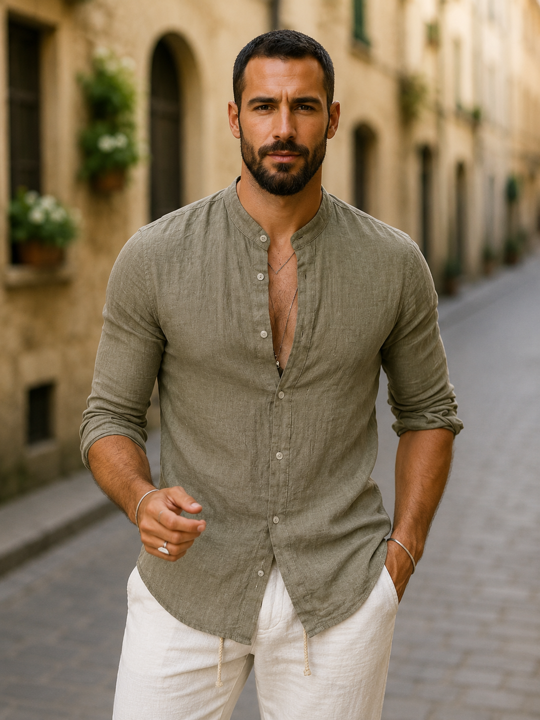 Camisa de lino para hombre — corte entallado con cuello abierto casual