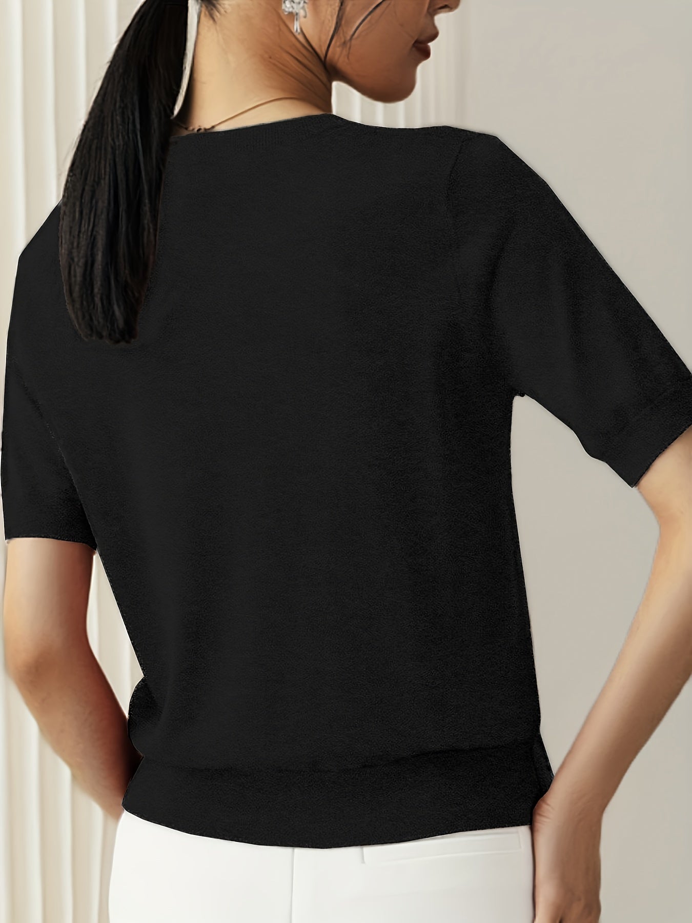 Camiseta de Punto para Mujer de Manga Corta Cuello Redondo Ajuste Entallado