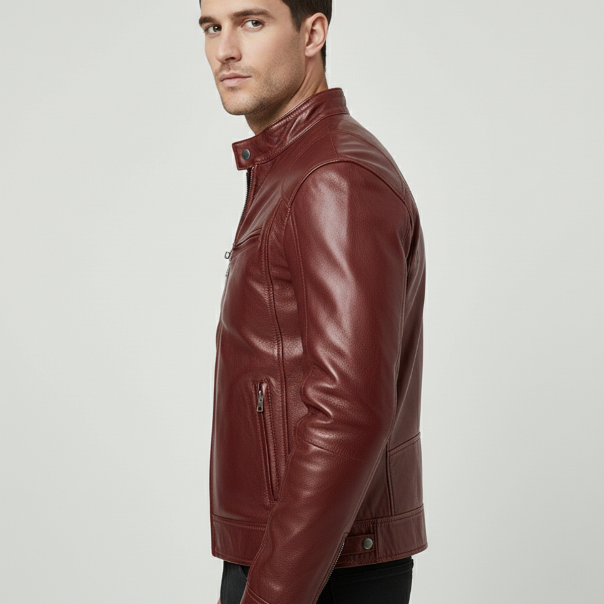 Veste en Cuir Synthétique pour Homme avec Col Montant et Poignets Ajustables