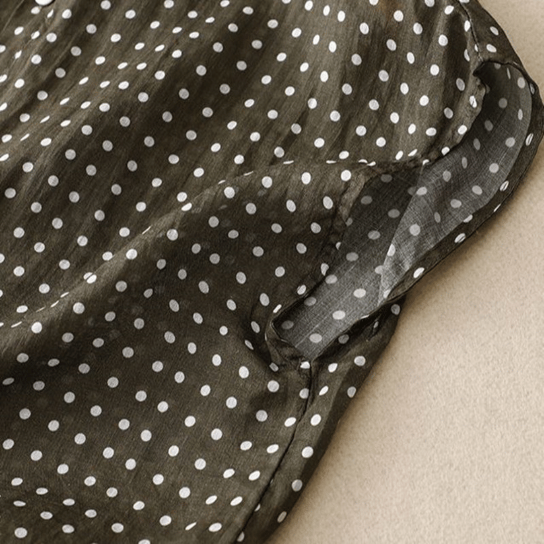 Women's Short-Sleeve Cotton and Linen Shirt with Polka Dot Print