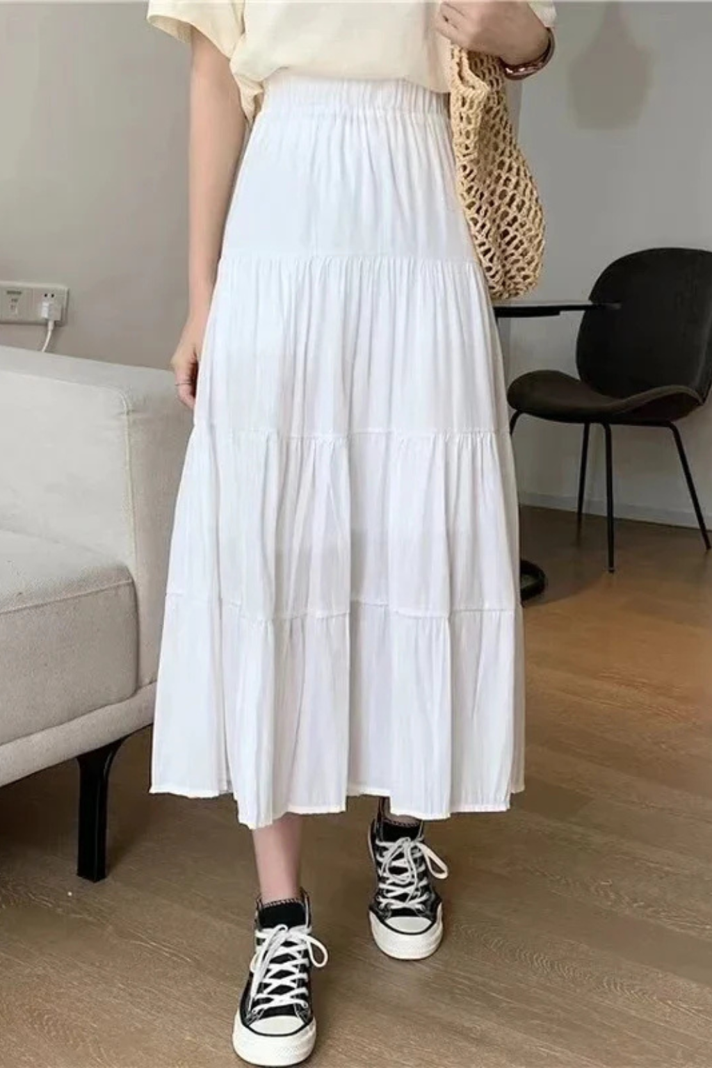 Falda Larga de Cintura Alta con Paneles Escalonados para Mujer