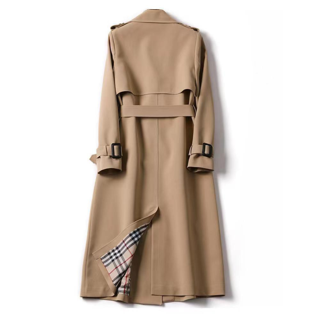 Long trench coat with belt and double-breasted design for women