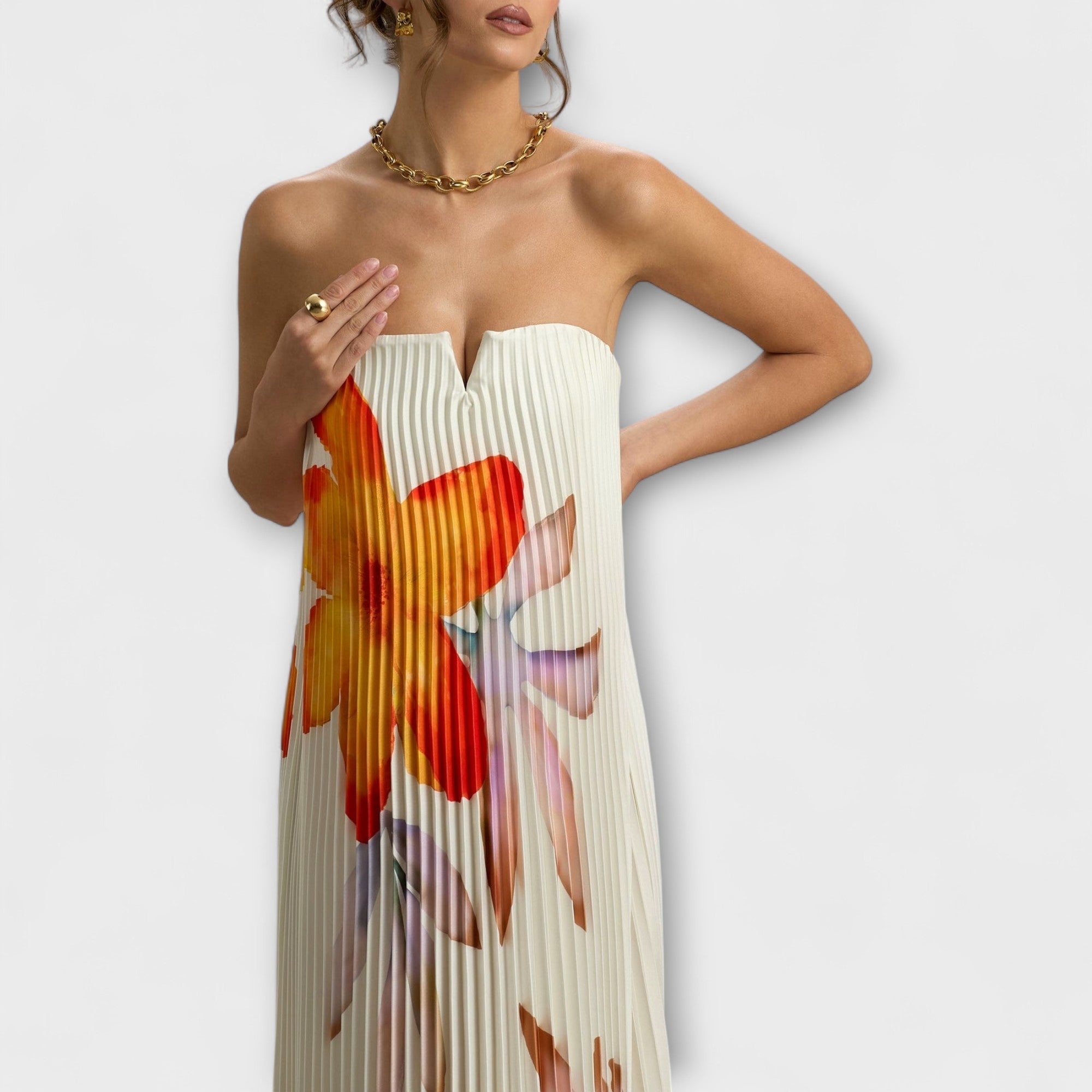 Vestido Largo Palabra de Honor Plisado con Corsé y Estampado de Flores