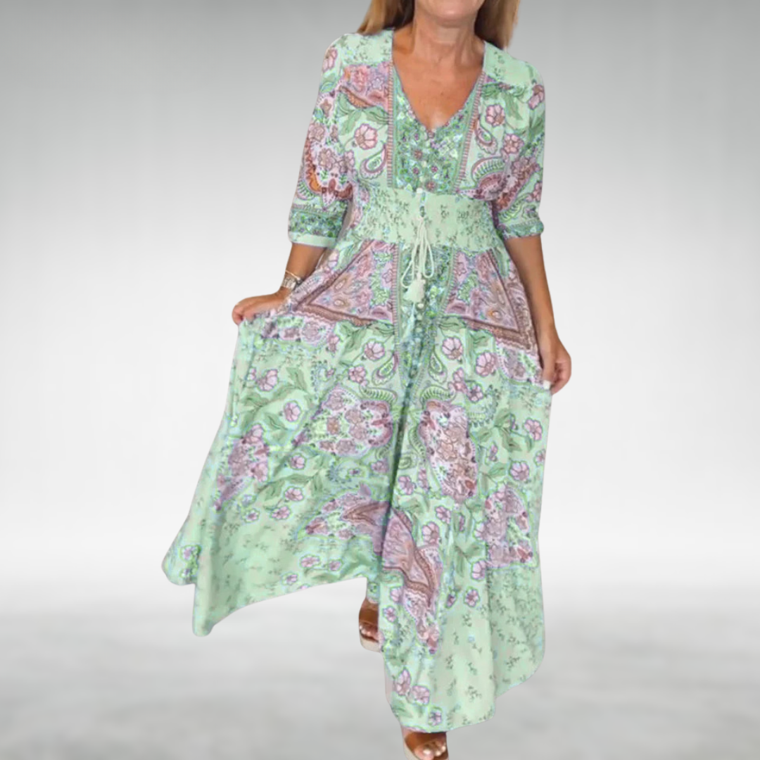 Vestido Maxi de Estilo Bohemio con Cuello en V y Cintura Elástica para Mujer