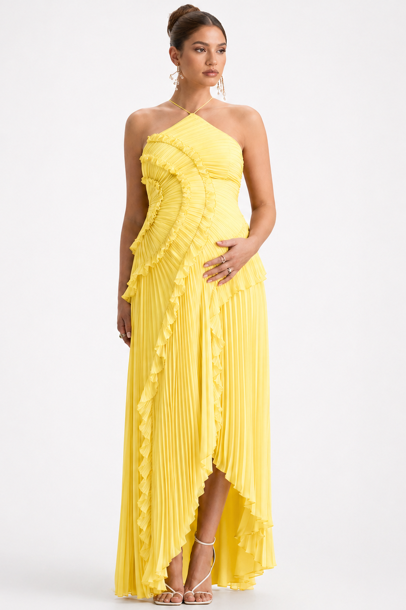 Vestido maternidad largo halter plisado con volantes