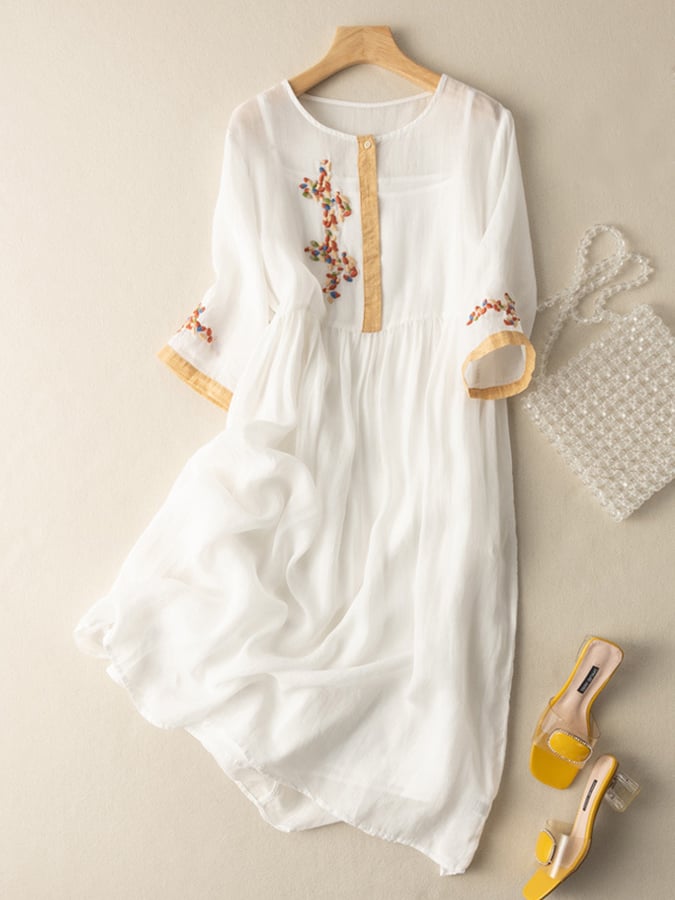 Vestido Midi de Algodón y Lino con Bordado Étnico y Manga Larga de Estilo Retro