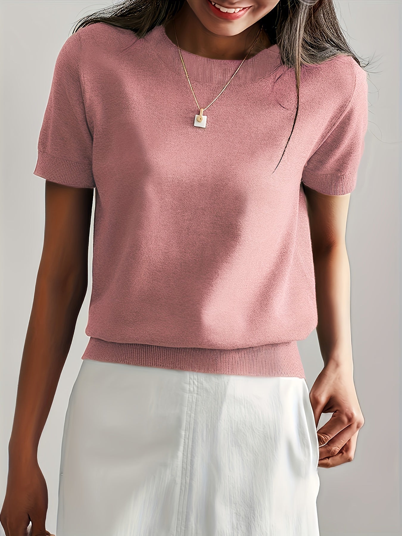 Camiseta de Punto para Mujer de Manga Corta Cuello Redondo Ajuste Entallado