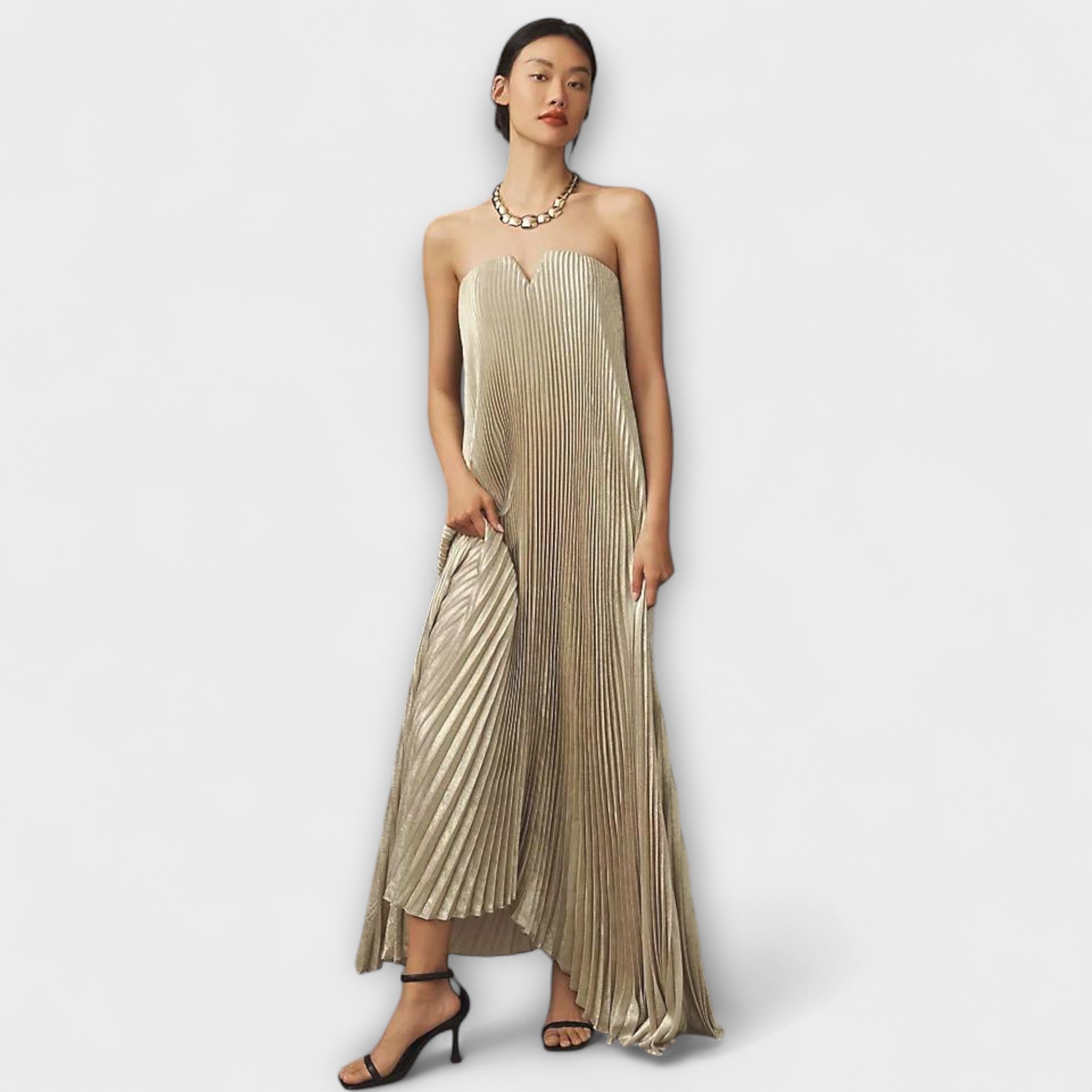 Vestido Largo Palabra de Honor Plisado con Corsé y Estampado de Flores