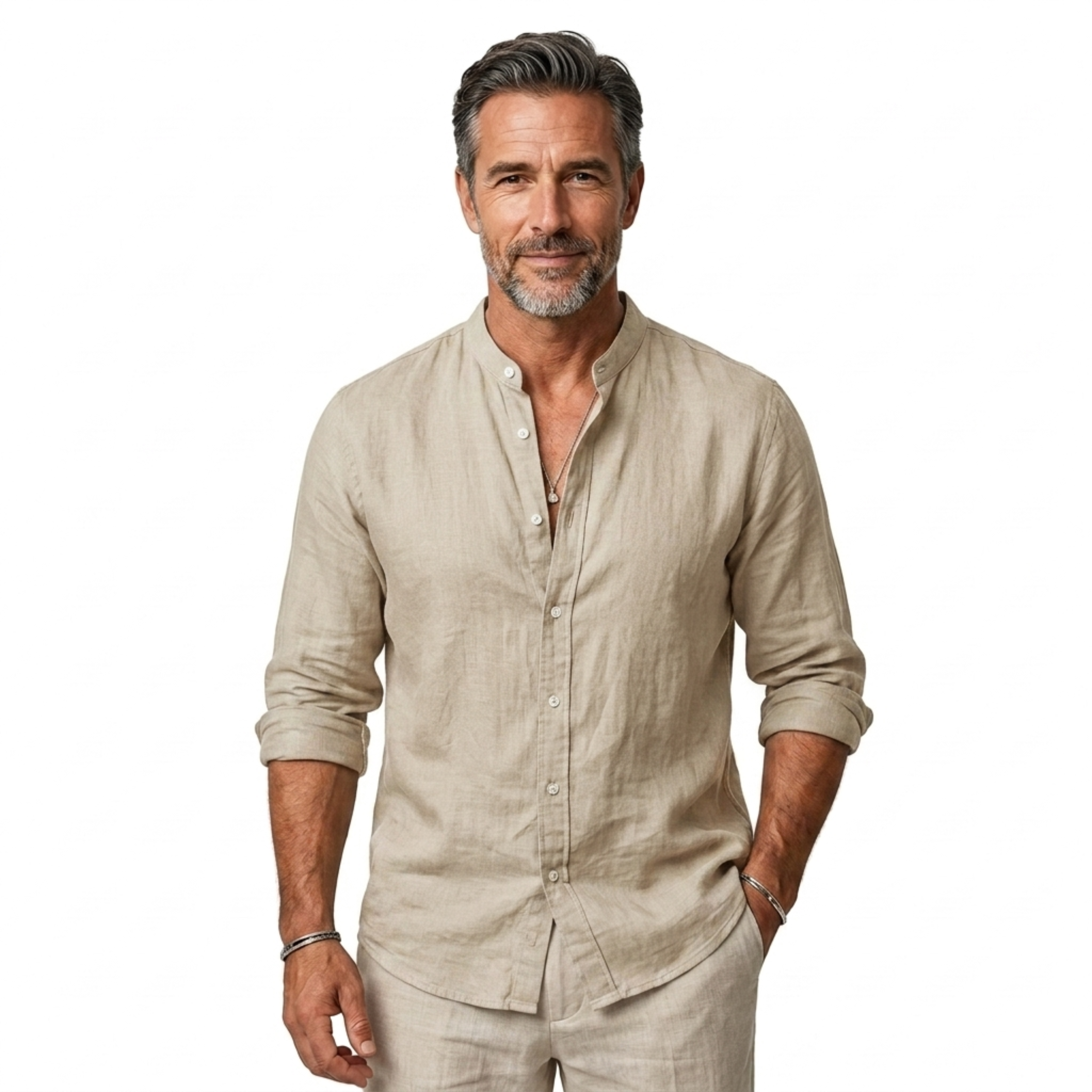 Camisa de lino hombre — cuello clásico y mangas ajustables para diario