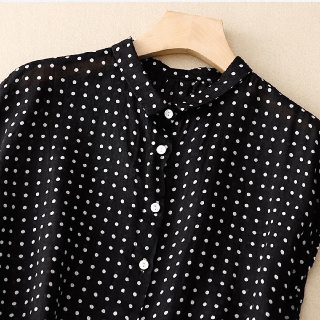 Women's Short-Sleeve Cotton and Linen Shirt with Polka Dot Print