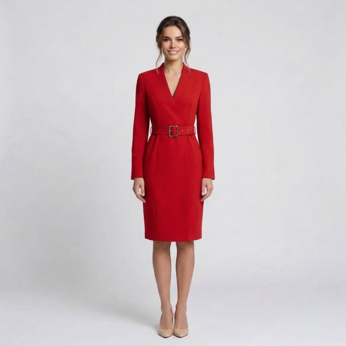 Vestido Midi de Corte Etui con Cuello Alto y Mangas 3/4 con Cinturón para Mujer
