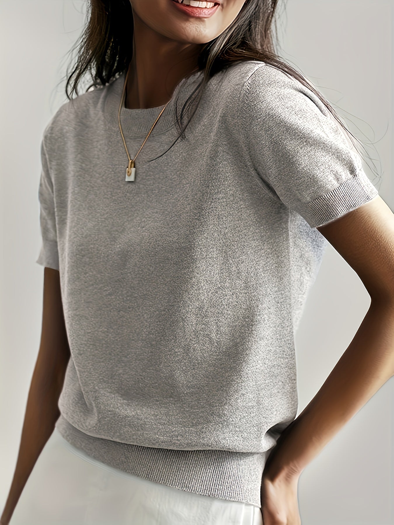Camiseta de Punto para Mujer de Manga Corta Cuello Redondo Ajuste Entallado