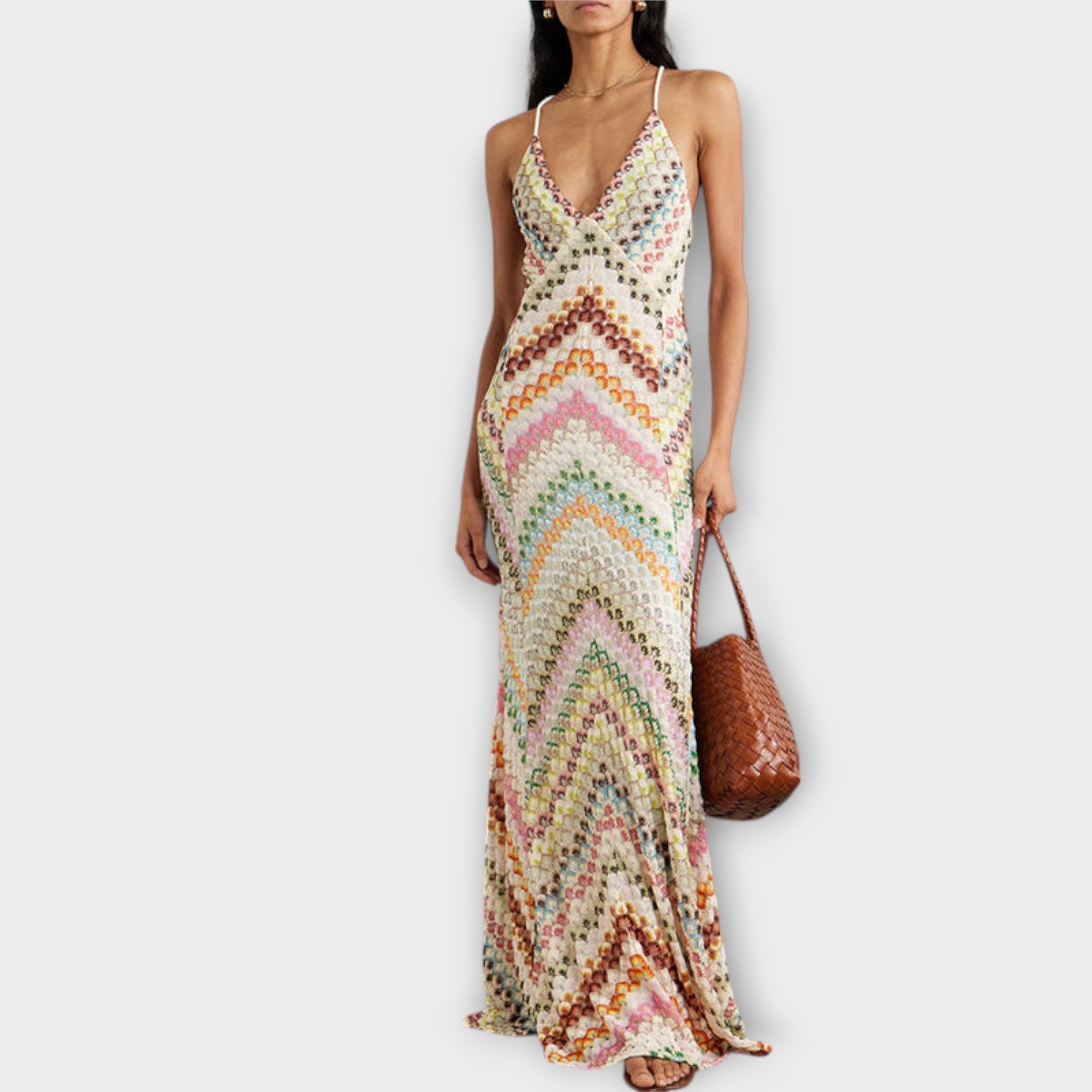 Vestido Largo de Punto con Estampado de Zigzag y Escote en V Profundo
