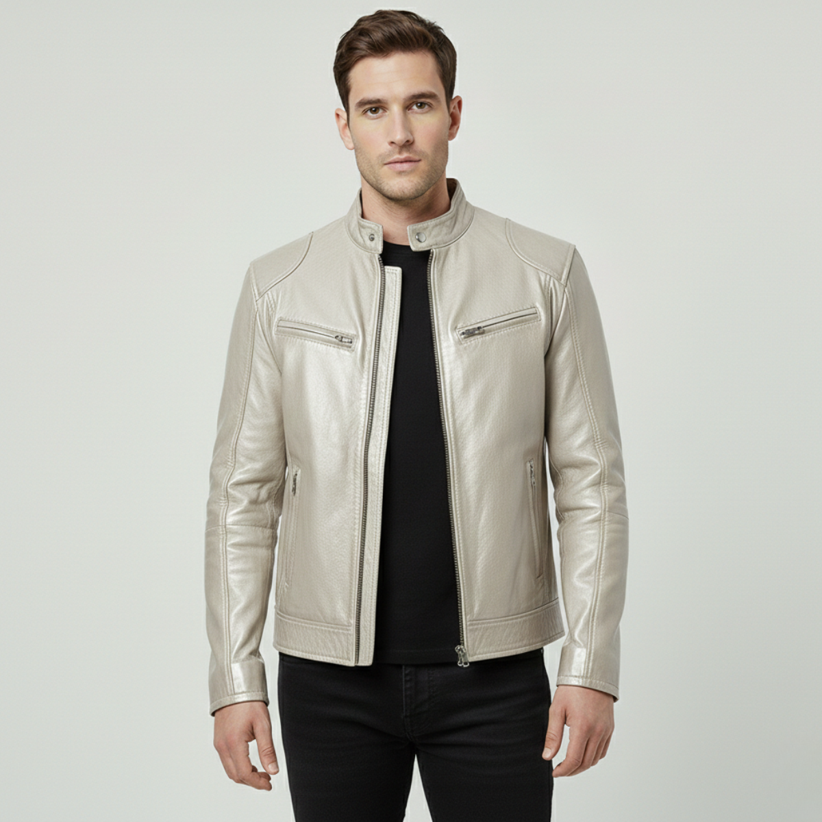 Veste en Cuir Synthétique pour Homme avec Col Montant et Poignets Ajustables