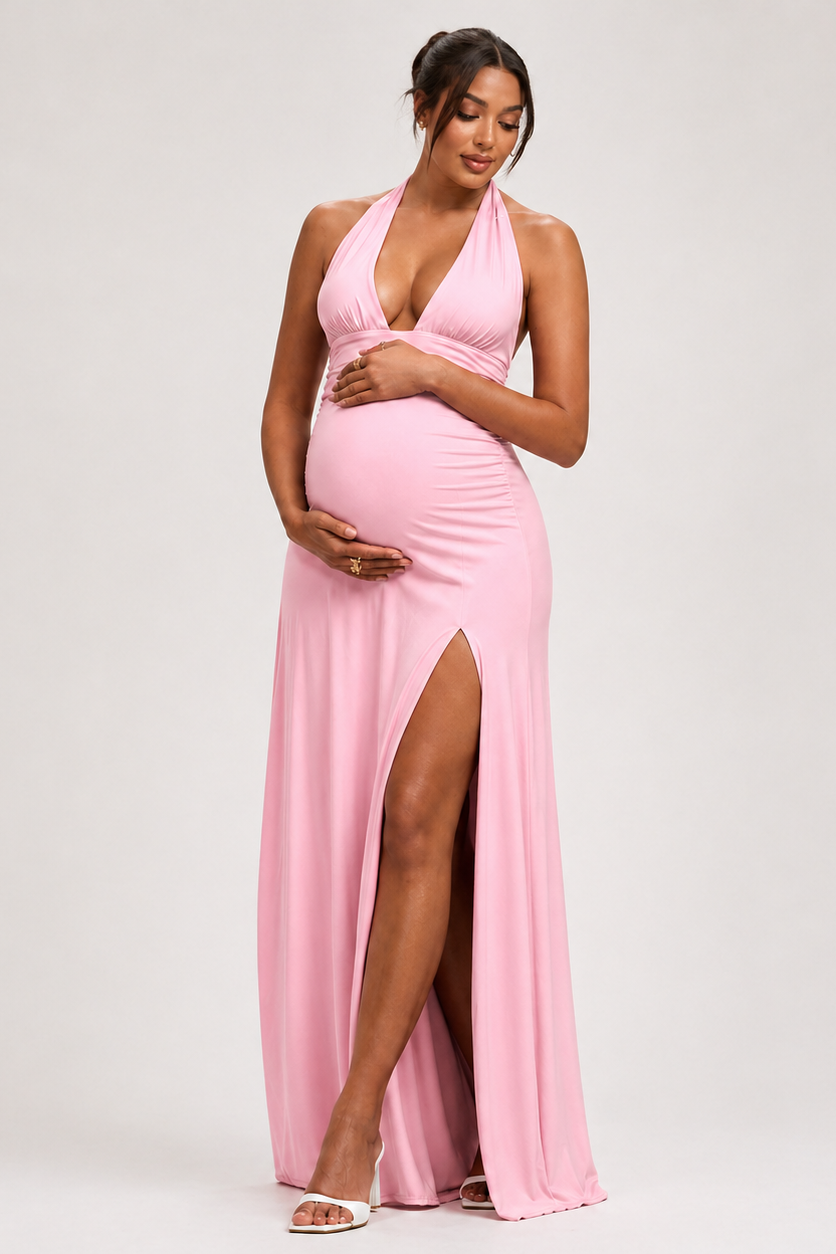 Vestido maternidad largo halter con abertura lateral