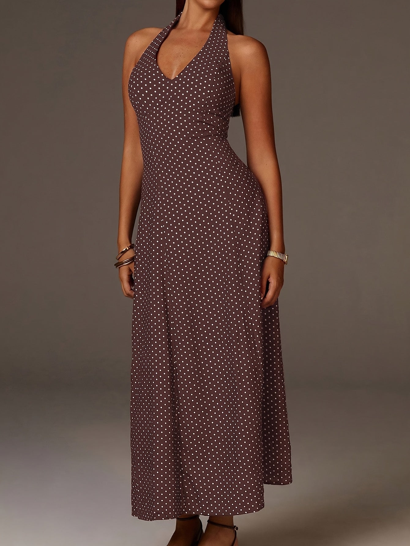 Vestido Maxi de Lunares con Cuello Halter y Escote en V Profundo para Mujer