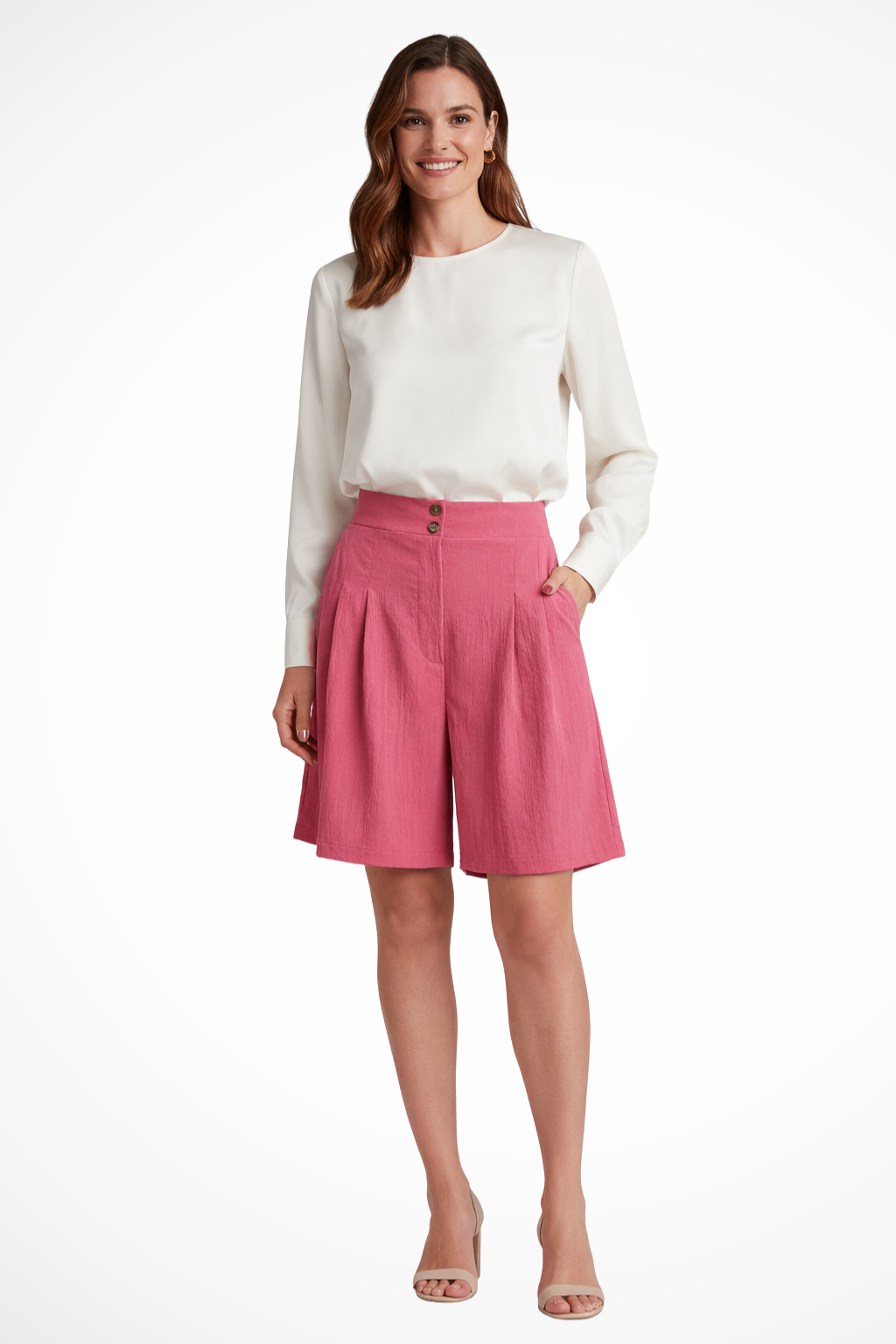 Pantalones Cortos Bermuda de Talle Alto con Pinzas y Corte Sartorial para Mujer