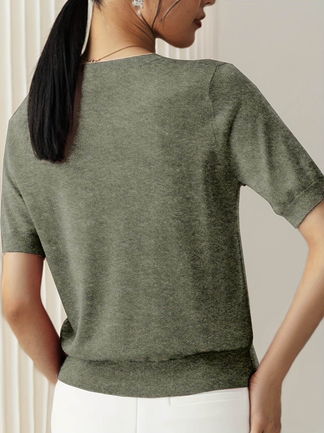 Camiseta de Punto para Mujer de Manga Corta Cuello Redondo Ajuste Entallado