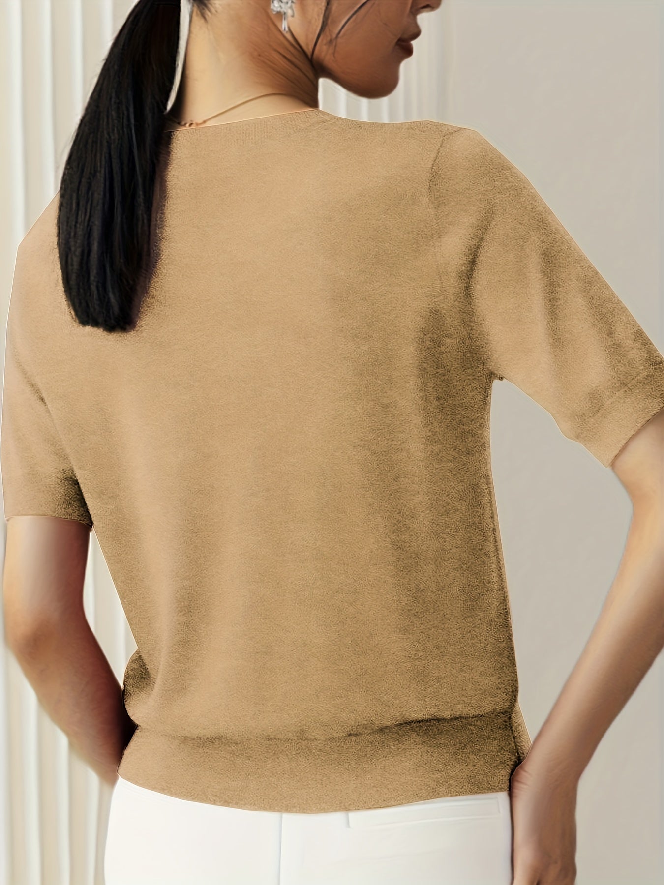 Camiseta de Punto para Mujer de Manga Corta Cuello Redondo Ajuste Entallado