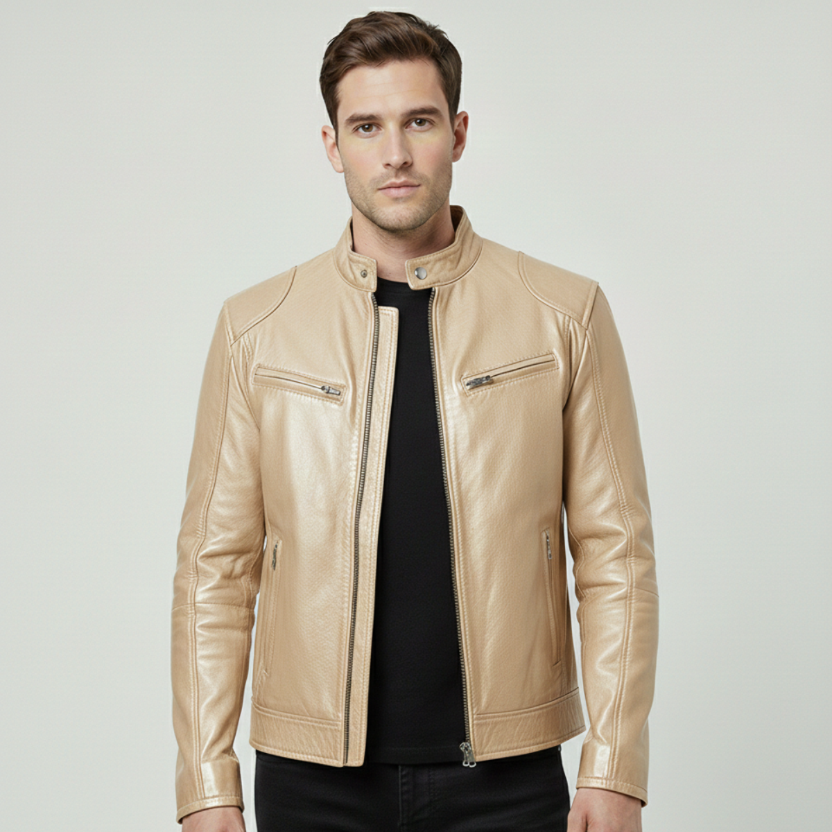 Veste en Cuir Synthétique pour Homme avec Col Montant et Poignets Ajustables
