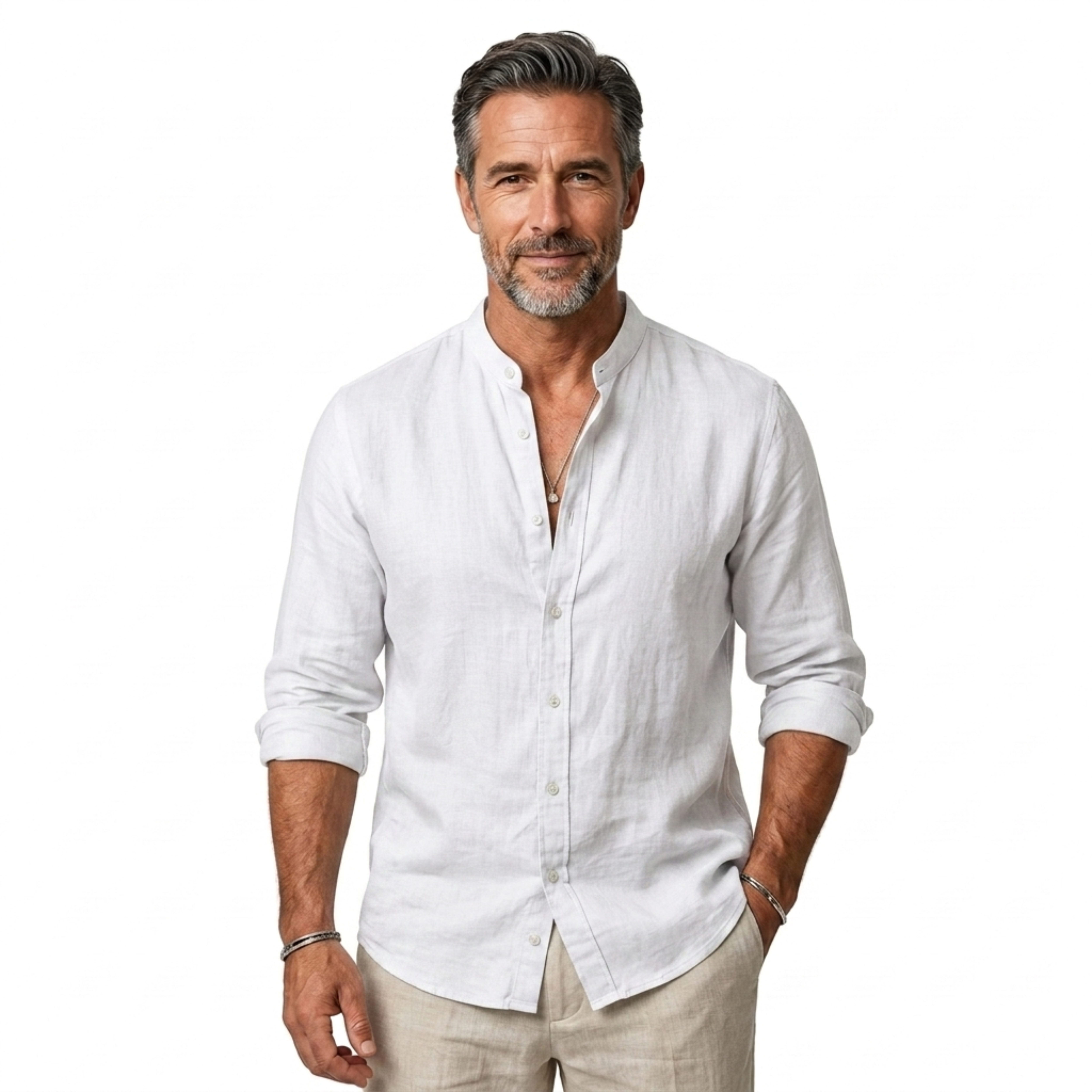 Camisa de lino hombre — cuello clásico y mangas ajustables para diario