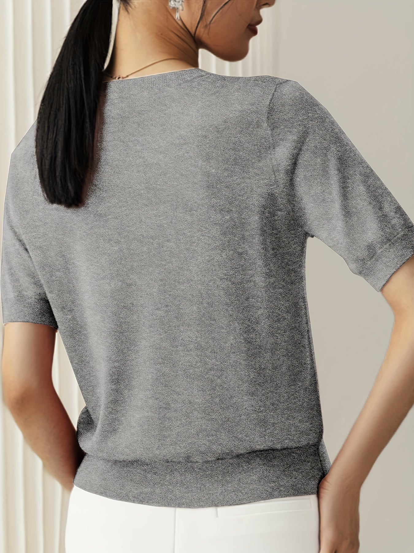 Camiseta de Punto para Mujer de Manga Corta Cuello Redondo Ajuste Entallado