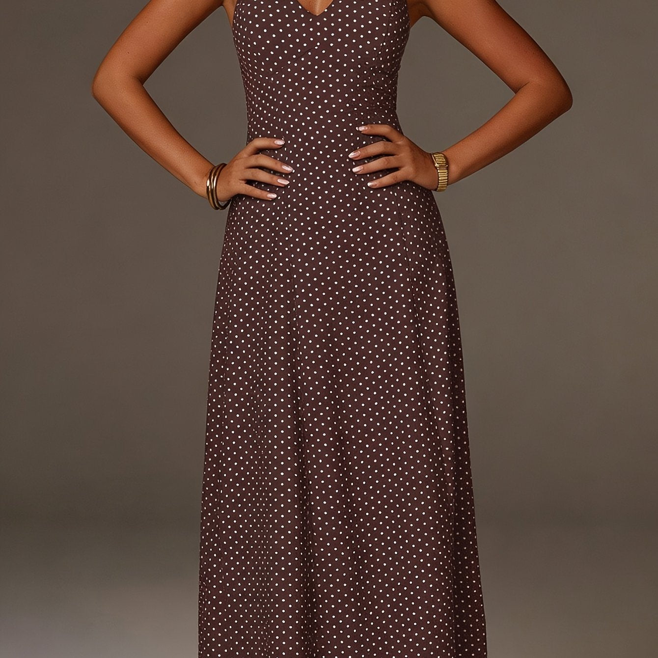 Vestido Maxi de Lunares con Cuello Halter y Escote en V Profundo para Mujer