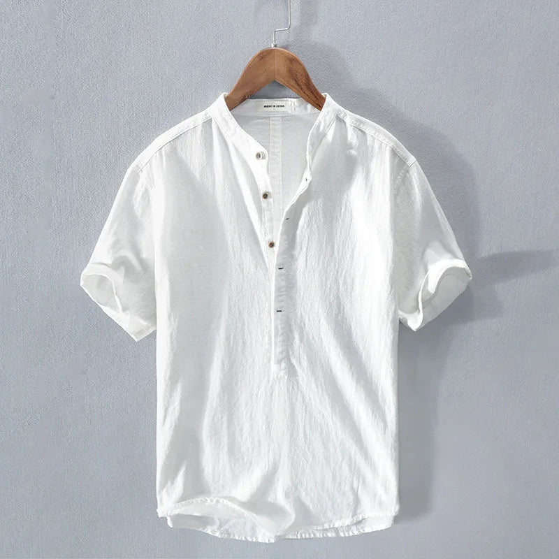 Camiseta de Lino y Algodón para Hombre de Manga Corta con Cuello Henley de Botones