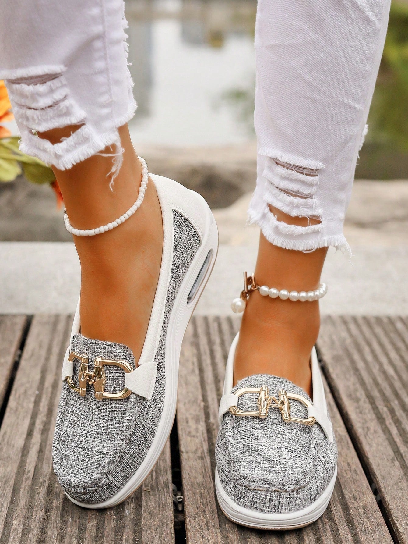 Mocasines para mujer — Zapatos planos con hebilla de eslabones para oficina