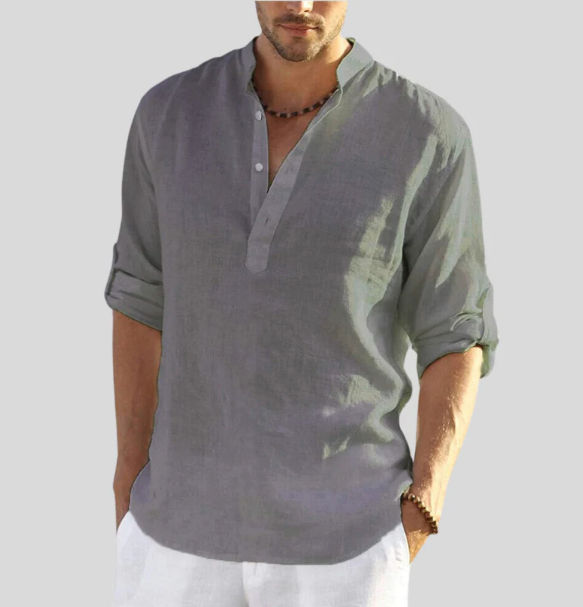 Camisa de lino para hombre - cuello Henley de manga larga - playa