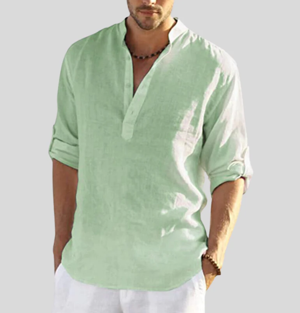 Camisa de lino para hombre - cuello Henley de manga larga - playa