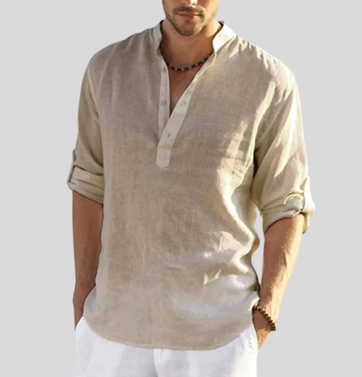 Camisa de lino para hombre - cuello Henley de manga larga - playa