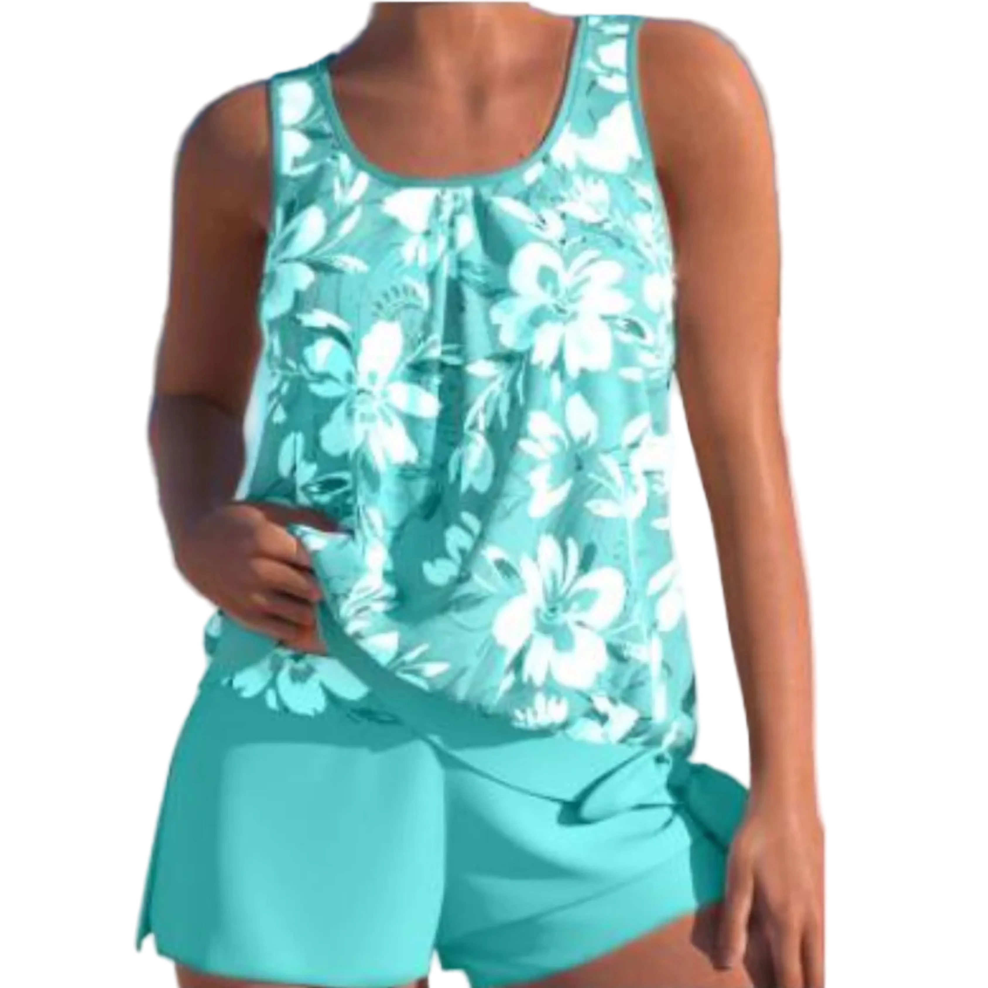 Bañador Tankini de Dos Piezas con Estampado de Flores y Pantalón de Cobertura Total