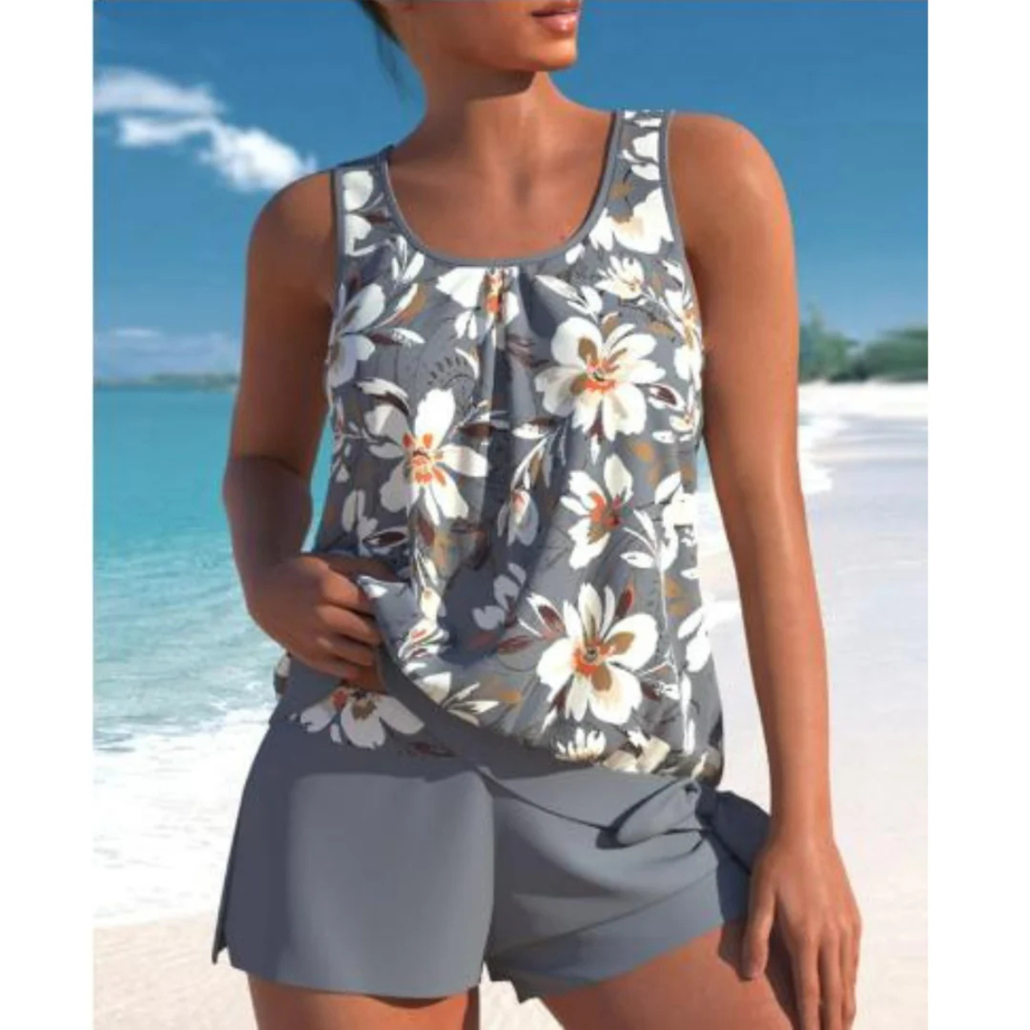 Bañador Tankini de Dos Piezas con Estampado de Flores y Pantalón de Cobertura Total