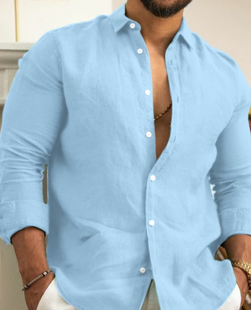 Camisa de lino y algodón para hombre de manga larga con corte entallado y solapas
