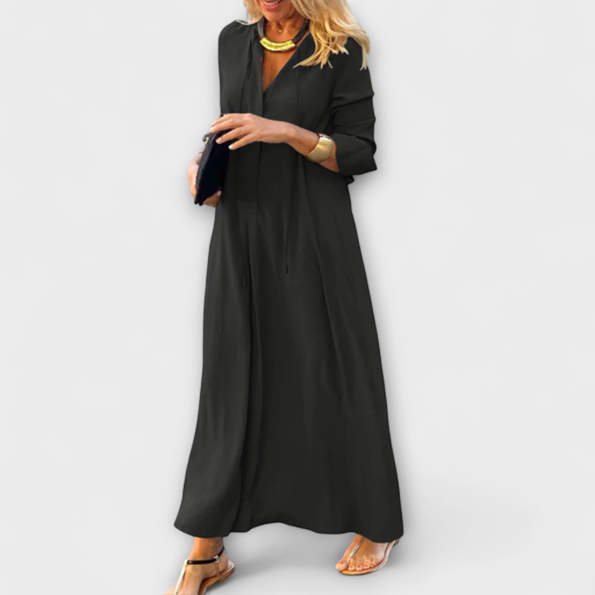 Vestido Largo de Algodón con Cuello en V y Ajuste Holgado para Mujer