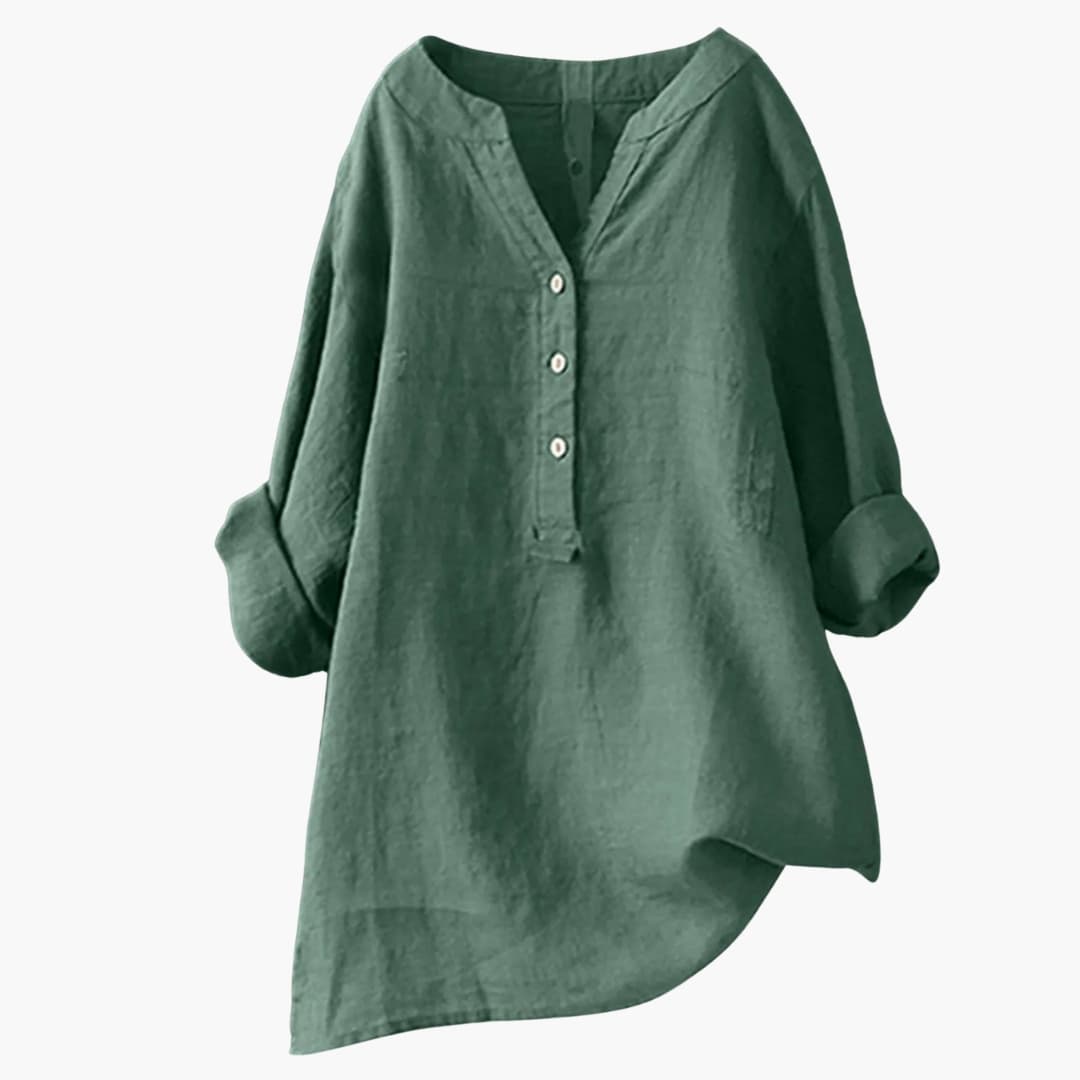 Blusa de lino para mujer de manga larga con cuello en V y botones casual holgada