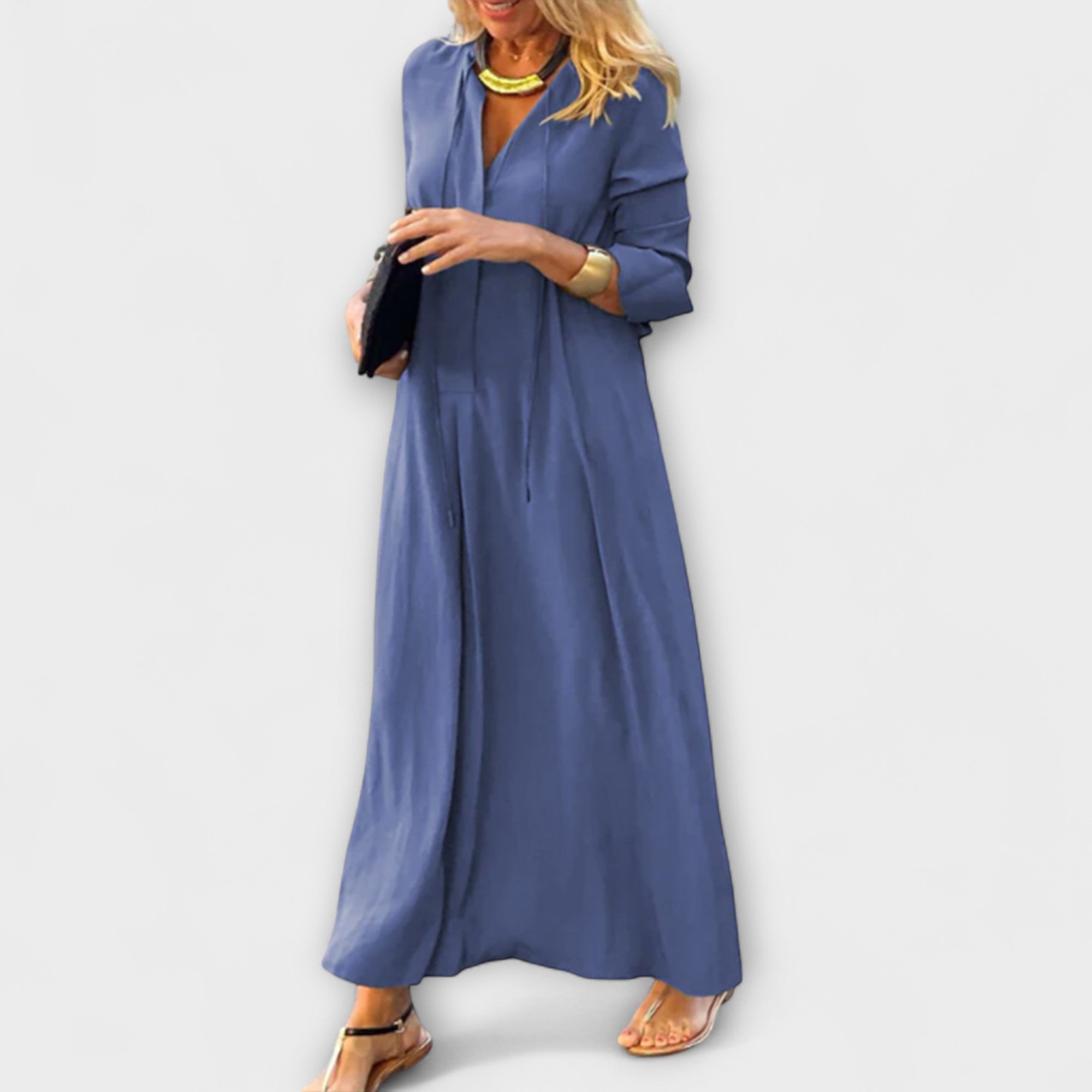 Vestido Largo de Algodón con Cuello en V y Ajuste Holgado para Mujer