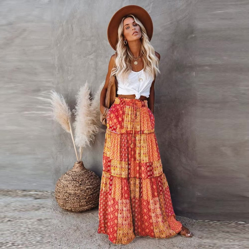 Falda maxi para mujer con estampado floral y cintura alta — playa