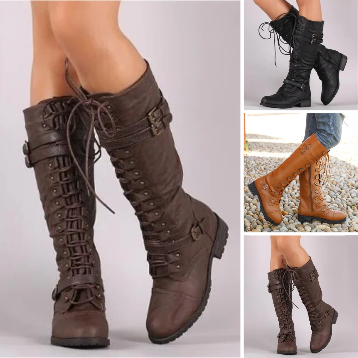 Botas de Mujer con Cordones y Hebilla con Suela Antideslizante
