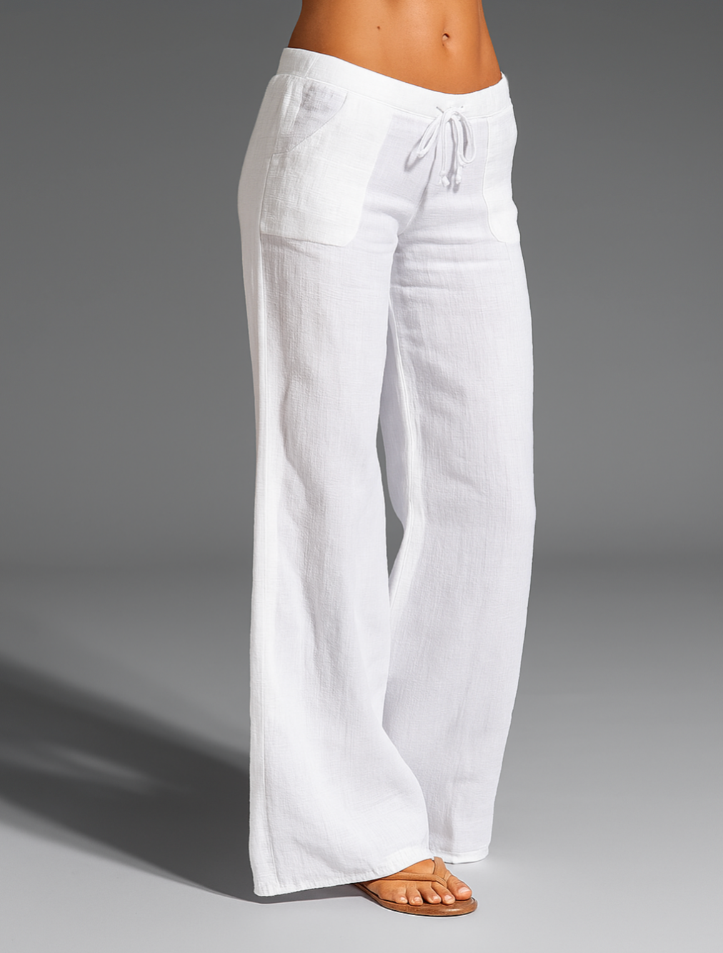 Pantalones anchos mujer lino cintura elástica cordón