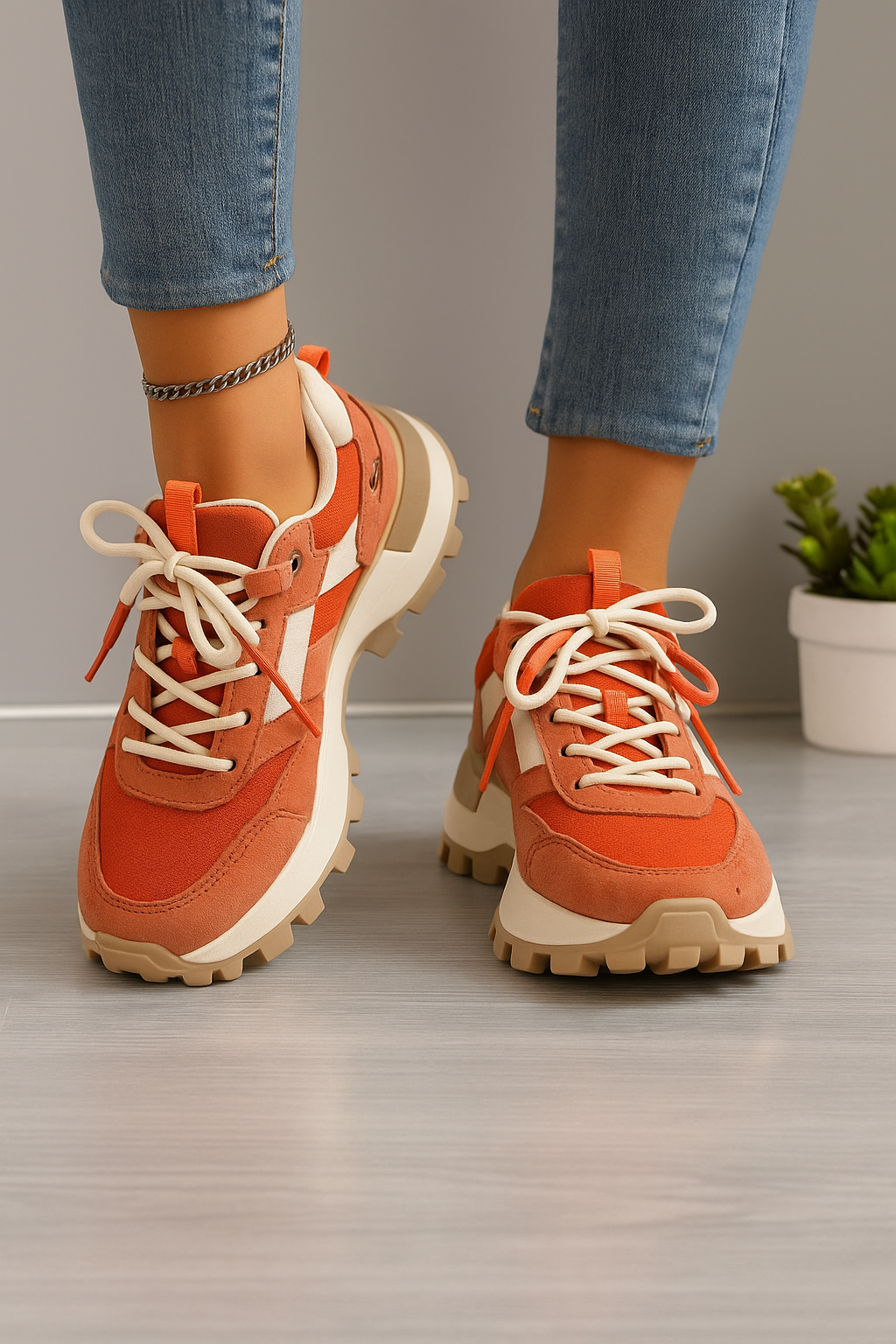 Zapatillas Deportivas para Mujer con Suela Gruesa y Paneles en Contraste